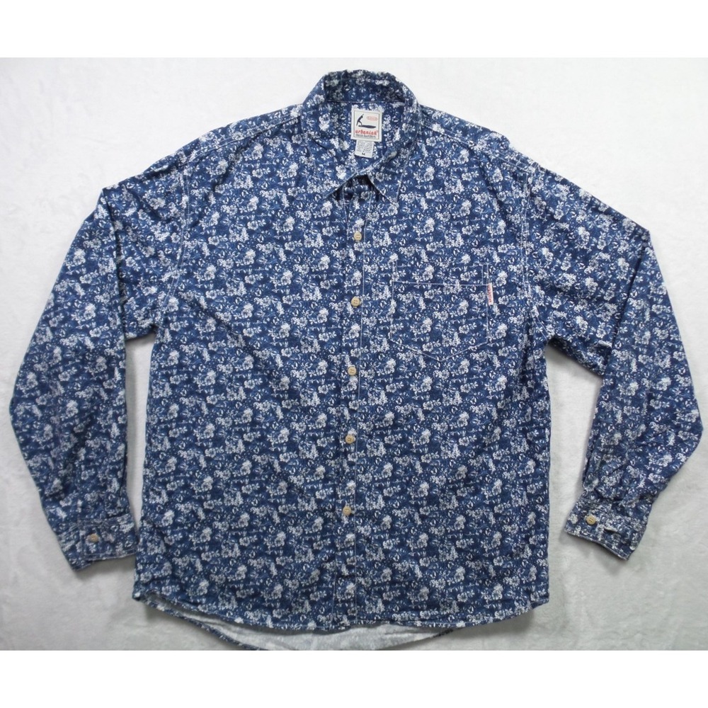 VGT Urbaniak Shirt Mens Medium Blue White Floral Print Button Up Long Sleeve USA